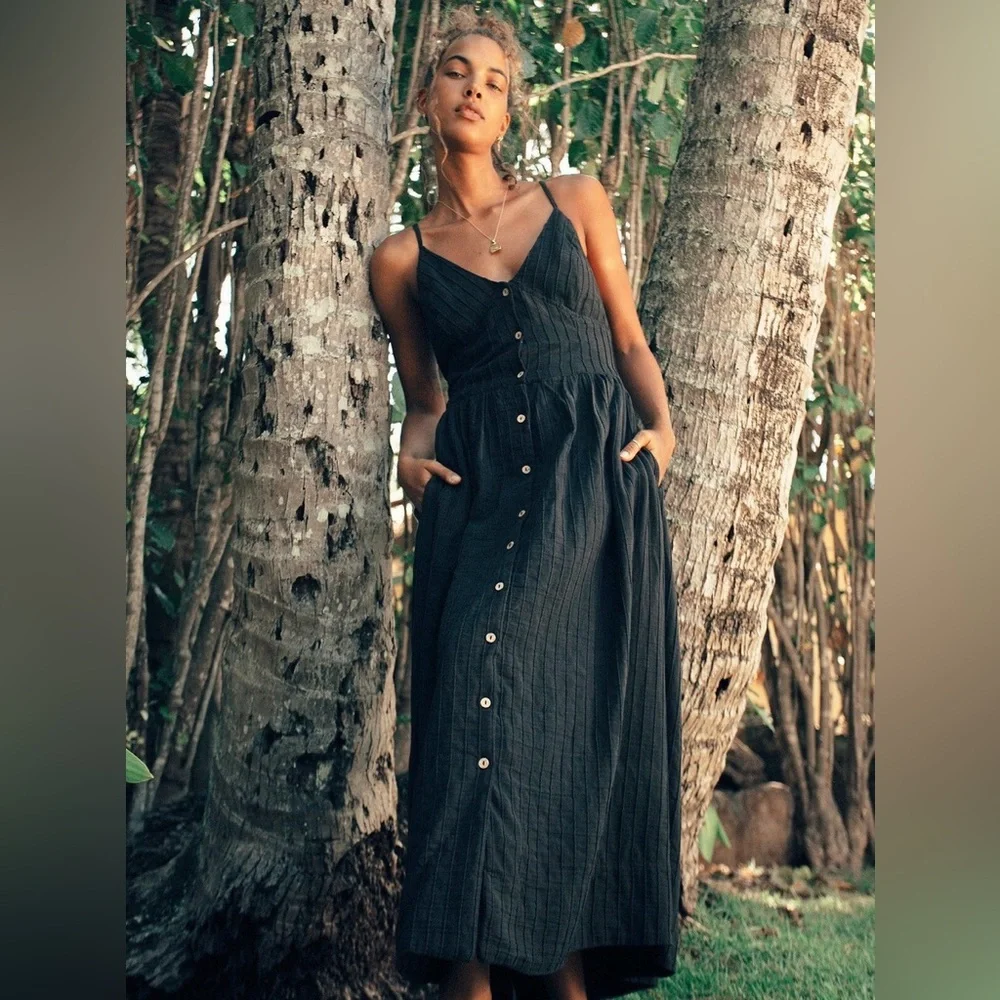 Free People Black Button-Front Maxi Dress